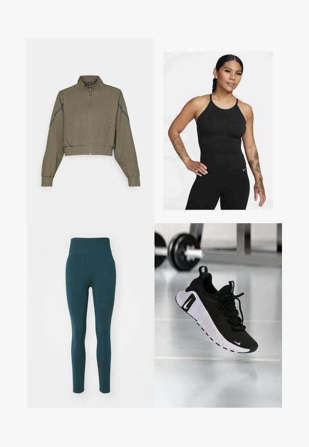 Tamsiai žalia trumpa striukė su aukštu apykakle, užtrauktuku, elastingais rankogaliais ir šoninėmis kišenėmis; turi tamsiai pilkas šonines juosteles.; Juodas sportinis marškinėlis su aukštu apykaklės kirpimu ir plonais petnešėlėmis. Medžiaga yra lygi, su prigludusiu dizainu, derinama su atitinkamomis leggingomis.; Mėlynos aukštos juosmens legging'ės, pagamintos iš elastingos medžiagos, turinčios lygų paviršių ir subtilų juostuotą raštą šone.; Juoda sportinė avalynė su tekstūruotu audinio viršumi, balta padu ir ryškiu raištelių sistemu. Puošta Nike logotipu ir minkštu, paminkštintu dizainu.