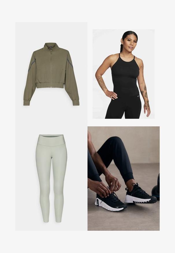 Olijfgroene gecropte jas met hoge kraag, ritssluiting, elastische mouwen en zijzakken; heeft donkergrijze zijstrepen.; Zwarte sporttop met een hoge halslijn en dunne banden. De stof is glad met een aansluitend ontwerp, gecombineerd met bijpassende legging.; Lichtgroene legging met een hoge tailleband, een gladde textuur en een aansluitend ontwerp met subtiele zijnaad.; Zwarte sportieve schoenen met een geëtste zwarte bovenkant, witte zool en rubberen loopvlak. De veters zijn gestrikt, wat een slank ontwerp en logo laat zien.
