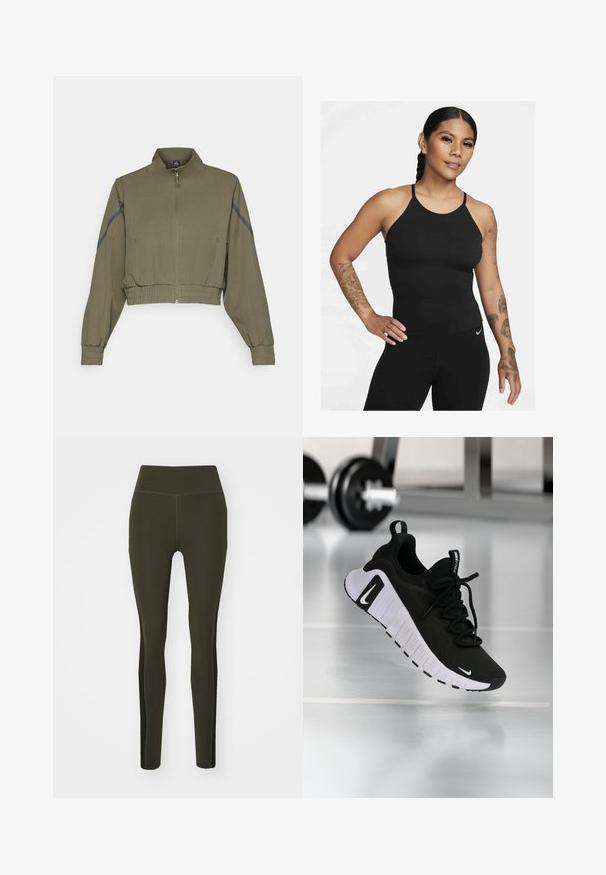 Maslinasto zelena skraćena jakna s visokim kragnom, zatvaranjem na zip, elastičnim manžetama i bočnim džepovima; sadrži tamnosive bočne pruge.; Crna atletska majica bez rukava s visokim izrezom i tankim naramenicama. Tkanina je glatka s pripijenim dizajnom, upotpunjena odgovarajućim tajicama.; P.E Nation TEMPO - Tajice - forest night; Crna atletska cipela s gornjim dijelom od teksturirane tkanine, bijelim potplatom i istaknutim sustavom vezanja. Ima Nike logo i mekan, jastučićem obložen dizajn.