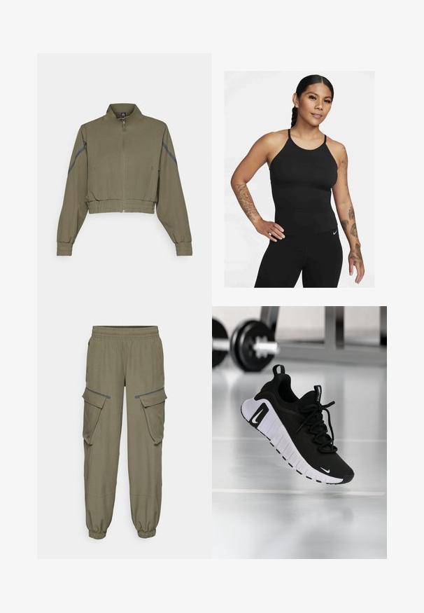Olive green cropped jacket with high collar, zip closure, elastic cuffs, and side pockets; features dark gray side stripes.; Black athletic tank top with a high neckline and thin straps. The fabric is smooth with a fitted design, paired with matching leggings.; Olive green cargo pants with an elastic waistband, featuring two side pockets and two large cargo pockets. Smooth fabric with elastic cuffs.; Black athletic shoe with a textured fabric upper, white sole, and prominent lacing system. Features a Nike logo and soft, cushioned design.