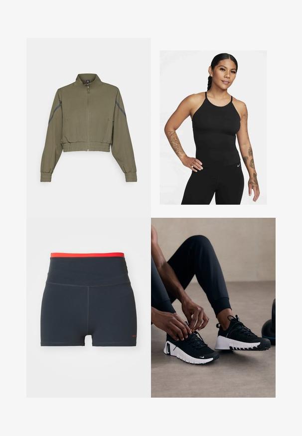 Olivno zelena krajšana jakna z visokim ovratnikom, zadrgo, elastičnimi manžetami in stranskimi žepi; vsebuje temnosive stranske črtice.; Črni športni top brez rokavov z visokim ovratnikom in tankimi naramnicami. Tkanina je gladka z prilegajočim se dizajnom, v kombinaciji z ujemajočimi se legicami.; Temno modri atletski šorti z visokim pasom, ki imajo kontrastni rdeči zgornji pas in vidne šive.; Črne športne čevlje z strukturiranim črnim zgornjim delom, belim podplatom in gumijastim profilom. vezalke so zavezane, kar kaže na eleganten dizajn in logotip.
