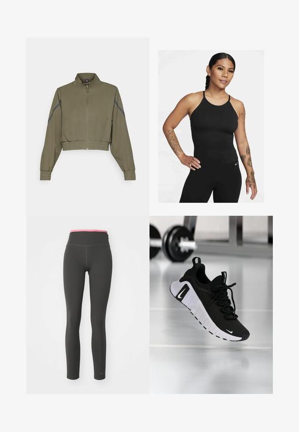 Olive green cropped jacket with high collar, zip closure, elastic cuffs, and side pockets; features dark gray side stripes.; Black athletic tank top with a high neckline and thin straps. The fabric is smooth with a fitted design, paired with matching leggings.; Black leggings with a high pink waistband, made from smooth, stretchy fabric. Features flat seams and a logo in the lower left.; Black athletic shoe with a textured fabric upper, white sole, and prominent lacing system. Features a Nike logo and soft, cushioned design.
