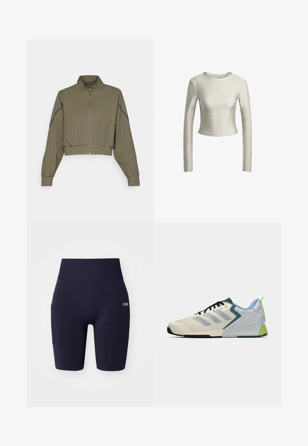 Olijfgroene gecropte jas met hoge kraag, ritssluiting, elastische mouwen en zijzakken; heeft donkergrijze zijstrepen.; Langsleeve crop top in lichtcrème kleur, gemaakt van gladde, rekbare stof met een ronde halslijn en een minimalistisch ontwerp.; Marineblauwe atletische shorts gemaakt van rekbaar materiaal, met een brede tailleband, beenopeningen en een zijzak met een logo-detail.; Lichte atletiekschoenen met een crèmekleurige mesh bovenwerk, grijze strepen, een groene accent en een gestructureerde blauwe hielkap. Zwarte veters.