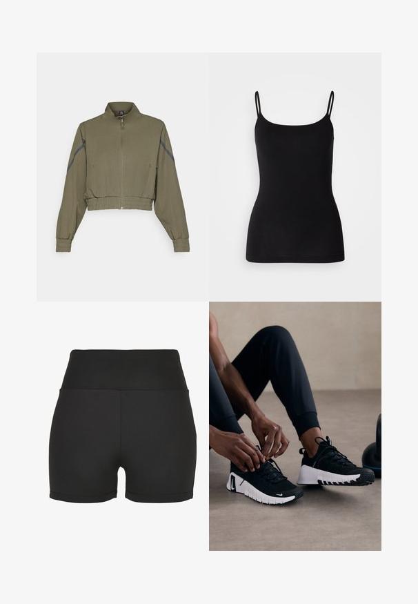 Olijfgroene gecropte jas met hoge kraag, ritssluiting, elastische mouwen en zijzakken; heeft donkergrijze zijstrepen.; Zwarte camisole met dunne verstelbare bandjes, gladde rekstof en een aansluitende pasvorm. Geen patronen of versieringen.; Zwarte high-waisted sportshorts gemaakt van slank, rekbaar materiaal. Bevatte gladde naden en een strakke pasvorm, ideaal voor sportkleding.; Zwarte sportieve schoenen met een geëtste zwarte bovenkant, witte zool en rubberen loopvlak. De veters zijn gestrikt, wat een slank ontwerp en logo laat zien.