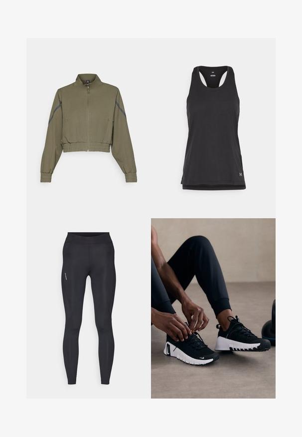 Olivno zelena krajšana jakna z visokim ovratnikom, zadrgo, elastičnimi manžetami in stranskimi žepi; vsebuje temnosive stranske črtice.; Črn športni top z zaobljenim izrezom in obliko racerback ter teksturirano tkanino. Ima majhen logotip na spodnjem desnem delu.; Črne športne legice z gladko teksturo, dolžine do gležnjev, in diskretnim šivom ob strani. Vključujejo majhen logotip na levi strani.; Črne športne čevlje z strukturiranim črnim zgornjim delom, belim podplatom in gumijastim profilom. vezalke so zavezane, kar kaže na eleganten dizajn in logotip.