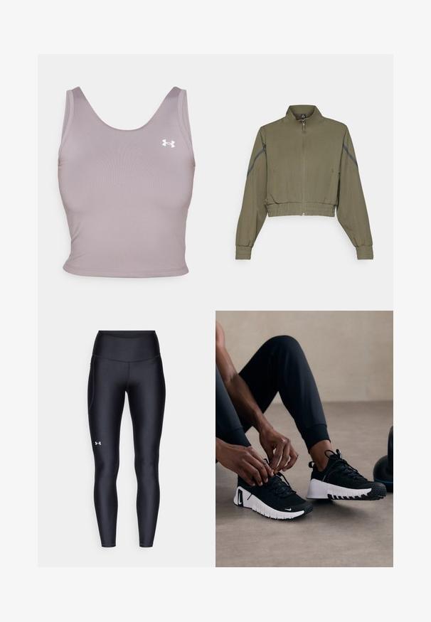 Maslinasto zelena skraćena jakna s visokim kragnom, zatvaranjem na zip, elastičnim manžetama i bočnim džepovima; sadrži tamnosive bočne pruge.; Ljubičasti bezrukavni sportski top s okruglim izrezom, napravljen od glatkog materijala, s malim bijelim logotipom na gornjoj lijevoj strani.; Crne tajice izrađene od glatkog, rastezljivog materijala s visokim strukom. Imaju bijeli logo na lijevom butu i prilagođen dizajn.; Crne atletske cipele s teksturiranim crnim gornjim dijelom, bijelim potplatom i gumenim gaznim slojem. Čipke su vezane, pokazujući elegantan dizajn i logo.
