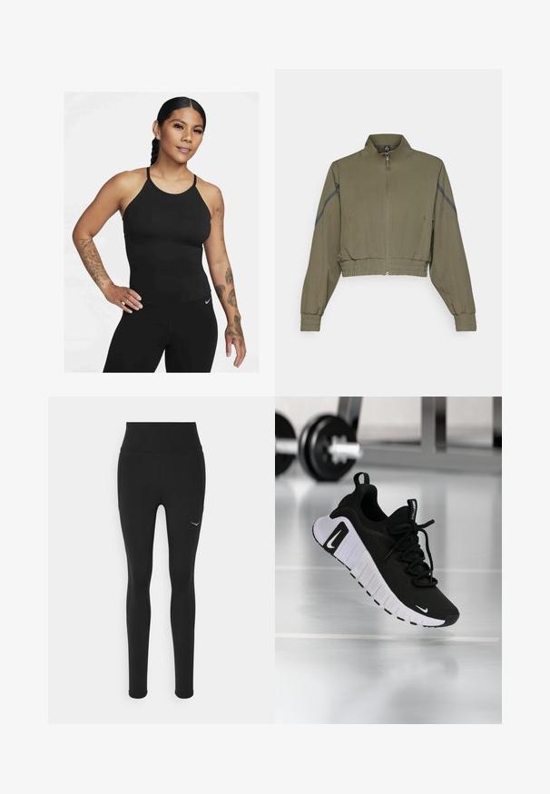 Tamsiai žalia trumpa striukė su aukštu apykakle, užtrauktuku, elastingais rankogaliais ir šoninėmis kišenėmis; turi tamsiai pilkas šonines juosteles.; Juodas sportinis marškinėlis su aukštu apykaklės kirpimu ir plonais petnešėlėmis. Medžiaga yra lygi, su prigludusiu dizainu, derinama su atitinkamomis leggingomis.; Juodos džinsai su aukštu liemeniu, pagaminti iš elastingos medžiagos. Yra mažas baltas logotipas kairėje pusėje ir siūlės dekoravimas.; Juoda sportinė avalynė su tekstūruotu audinio viršumi, balta padu ir ryškiu raištelių sistemu. Puošta Nike logotipu ir minkštu, paminkštintu dizainu.