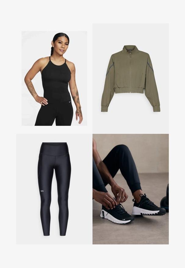 Oliivroheline lühike jakk kõrge kraega, lukuga kinnitamine, elastsed mansetid ja küljetaskud; sisaldab tumedashallide külgtriipide detaile.; Must värvi sportlik tank top kõrge kaelusega ja peenikeste hõlbustitega. Kanga pind on sile ja sobituv disain, koos sobivate legginsitega.; Mustad mustad, venitatud materjalist, kõrge vöökoht. Vasakul reie kohal on valge logo ning tihe disain.; Mustad mustriga mustad spordijalatsid, valge tald ja kummine tallaosa. Paelad on seotud, näidates šikki disaini ja logo.