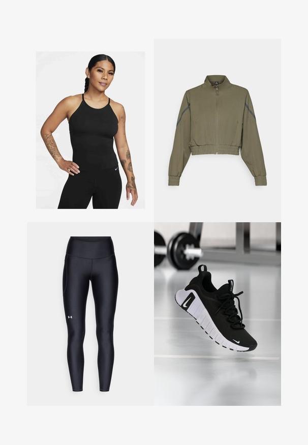 Vihreä oliivinvärinen lyhyt takki, jossa on korkea kaulus, vetoketju, joustavat hihansuut ja sivutaskut; sisältää tummanharmaat sivupaneelit.; Mustat urheilu-topit, joissa on korkea kaula-aukko ja ohuet hihnat. Kangas on sileä ja istuvuus on tiukka, ja se on yhdistetty yhteensopiviin legginsseihin.; Mustat legginsit, jotka on valmistettu sileästä ja venyvästä materiaalista, korkealla vyötäröllä. Vasemmassa reidessä on valkoinen logo ja istuva muotoilu.; Musta urheilukenkä teksturoitua kangaspintaa, valkoista pohjaa ja näkyvää nauhoitusjärjestelmää. Sisältää Nike-logon sekä pehmeän, pehmustetun rakenteen.