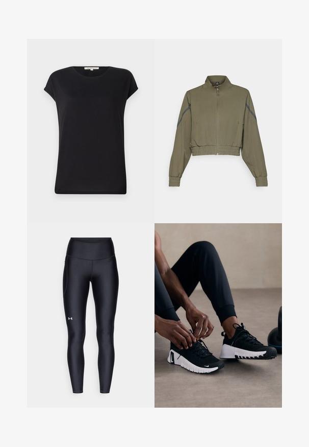 Olive green cropped jacket with high collar, zip closure, elastic cuffs, and side pockets; features dark gray side stripes.; Black short-sleeve top in soft fabric with a round neckline and relaxed fit. Features rolled cuffs and a smooth, uniform texture.; Black leggings made of smooth, stretchy material with a high waistband. Features a white logo on the left thigh and fitted design.; Black athletic shoes with a textured black upper, white sole, and rubber tread. Laces are tied, showing a sleek design and logo.