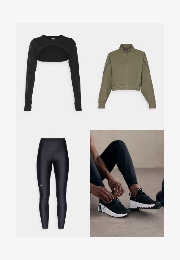 Olíva zöld, rövid fazonú dzseki magas gallérral, cipzáros záródással, rugalmas mandzsettákkal és oldalsó zsebekkel; sötétszürke oldalsávokkal rendelkezik.; Stronger Hosszú ujjú felső - black; Fekete leggings sima, rugalmas anyagból, magas derékkal. Bal combján fehér logó található, és testhezálló kialakítású.; Fekete sportcipők texturált fekete felsőrésszel, fehér talppal és gumis bördöcökkel. A fűzők meg vannak kötve, mutatva a letisztult dizájnt és a logót.