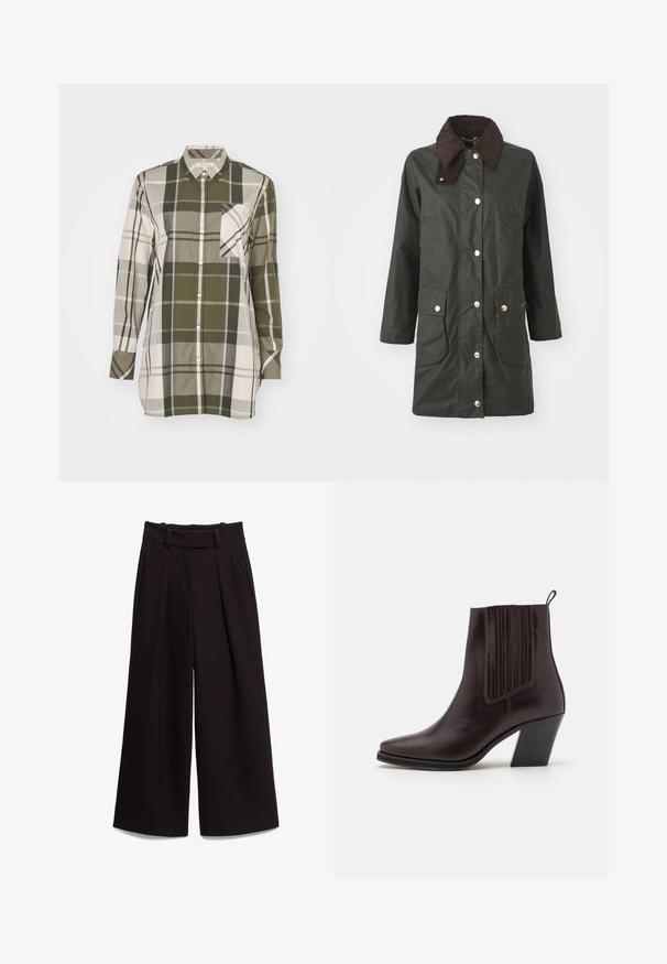 Black waterproof jacket with a brown corduroy collar, gold snap buttons, two front pockets, and a knee-length design.; Button-up long-sleeve shirt with green, beige, and gray plaid pattern. Features a chest pocket and soft cotton fabric.; Black wide-leg trousers made of smooth fabric, featuring a high waist, belt loops, and two front pockets. Pleated design adds texture.; Dark brown leather ankle boot with a pointed toe, vertical ribbed detailing on the side, and a mid-height block heel.