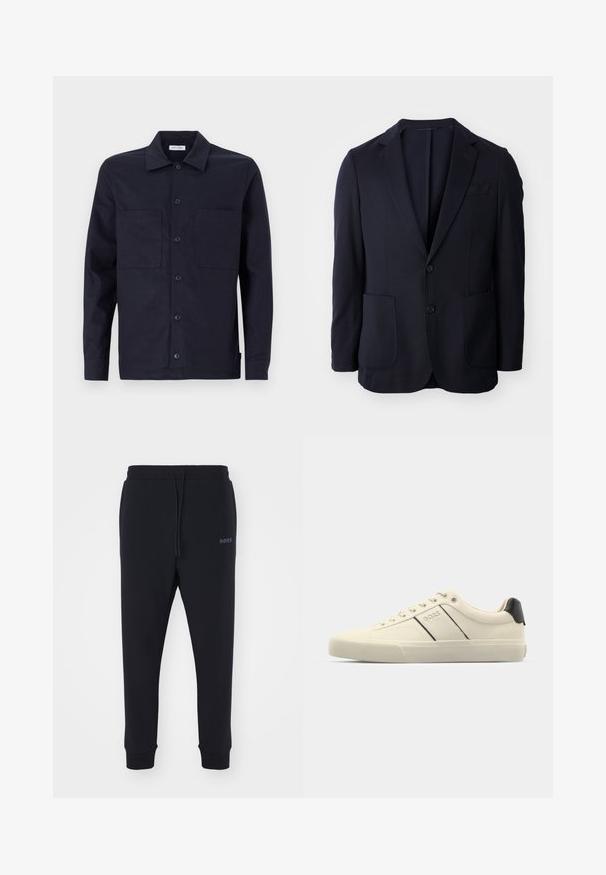 Blazer blu navy con chiusura a due bottoni, rever a scollo, due tasche frontali e una texture morbida. Taglio dritto senza motivi o dettagli visibili.; Maglione a maniche lunghe blu navy realizzato in un tessuto fine e leggero. Presenta un collo a giro e polsini e orlo a coste.; Camicia blu navy con colletto classico, due tasche frontali, maniche lunghe e una texture in cotone liscia.; Pantaloni della tuta neri realizzati in materiale morbido, con vita elastica, coulisse e gambe affusolate. Presenta un piccolo logo sul lato.; Sneaker color crema con una texture liscia, caratterizzate da accenti e marchi neri. Design classico con lacci, punta rotonda e suola in gomma.