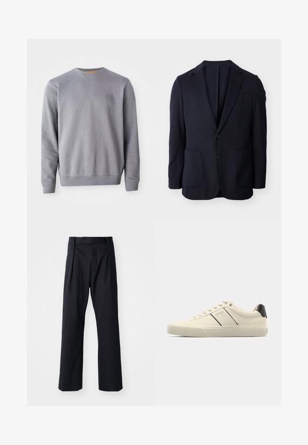 Námořnický blejzr s předním zapínáním na dva knoflíky, klopovými límci, dvěma předními kapsami a měkkou texturou. Rovný střih bez viditelných vzorů nebo akcentů.; Šedá mikina s kulatým výstřihem vyrobená z měkkého materiálu. Obsahuje žebrované manžety, spodní lem a malou nášivku s logem na hrudi. Hladká textura.; Černé kalhoty z hladké tkaniny, s rovnými nohavicemi, předními sklady a jedním knoflíkem na zapínání v pase.; Krémové tenisky s hladkým povrchem, s černými akcenty a logem. Klasický šněrovací design s kulatou špičkou a gumovou podrážkou.