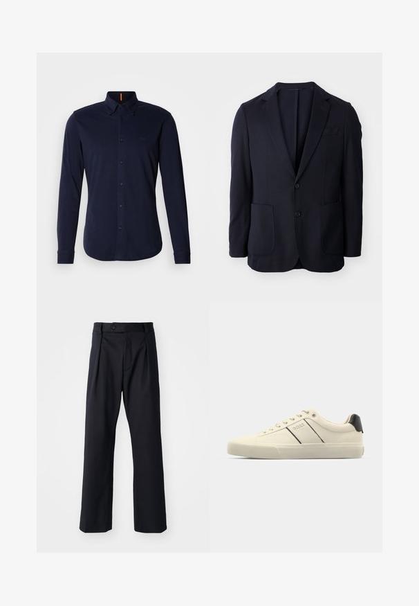 Jūras spēku žakete ar divu pogu priekšpusi, ieliektām atlokiem, divām priekšējām kabatām un mīkstu tekstūru. Tieša griezuma, bez redzamām rakstzīmēm vai akcentiem.; Tums zilās krāsas garam piedurknēm pogājama krekls no kokvilnas, ar klasisku apkakli, nemanāmu logo uz krūts un pogājamām aprocēm.; Melnas bikses no gludas auduma, ar taisnu kāju dizainu, priekšējām krokām un vienu pogu aizdari jostasvietā.; Krēmkrāsas sporta apavi ar gludu tekstūru, ar melniem akcentiem un zīmolu. Klasisks aukliņu dizains ar apaļu purngalu un gumijas zoli.