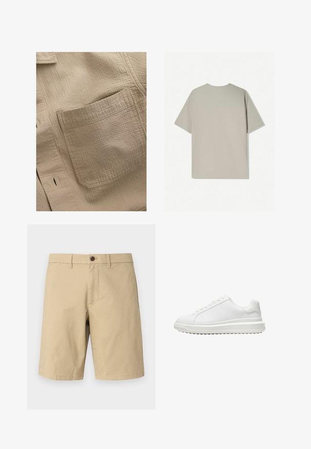 Camicia di tessuto beige con texture, dotata di una tasca quadrata sul lato sinistro, con cuciture visibili e un sottile motivo a griglia.; T-shirt in cotone beige con maniche corte. Presenta un design semplice e un colletto rotondo. Tessuto liscio con cuciture minime sul retro.; GAP VINTAGE - Shorts - khaki; Sneaker bianco con una tomaia sintetica liscia, punta rotonda, lacci piatti, suola testurizzata e un design a piattaforma stratificata per un'altezza extra.