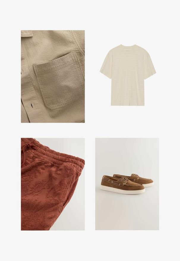 Beige textured fabric shirt with a square pocket on the left side, featuring visible stitching and a subtle grid pattern.; Cream-colored short-sleeve t-shirt featuring a subtle striped texture and a round neckline, made from lightweight fabric.; Terracotta sweatpants featuring a textured floral design, elastic waistband with drawstring, and soft, plush fabric for comfort.; Brown suede shoes with a white rubber sole, lace-up design, metal eyelets, and contrasting stitching along the edges.