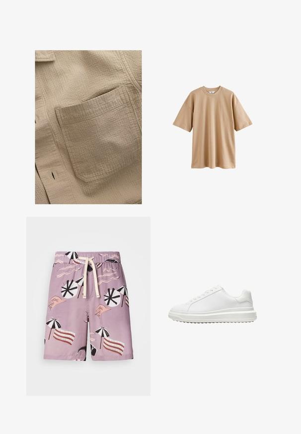 Beige strukturierte Stoffbluse mit einer quadratischen Tasche auf der linken Seite, sichtbaren Nähten und einem dezenten Karomuster.; Beige T-Shirt aus Baumwolle mit kurzen Ärmeln, rundem Ausschnitt und lässiger Passform. Der Stoff hat eine glatte Textur und keine Muster oder Akzente.; Badehosen aus helllila Stoff mit einem grafischen Muster aus Strandparasolen, wellenförmigen Linien und stilisierten Händen in kontrastierenden Farben.; Weißer Sneaker mit einem glatten synthetischen Obermaterial, runder Spitze, flachen Schnürsenkeln, strukturiertem Sohlen und einem geschichteten, Plattform-Design für zusätzlichen Halt.