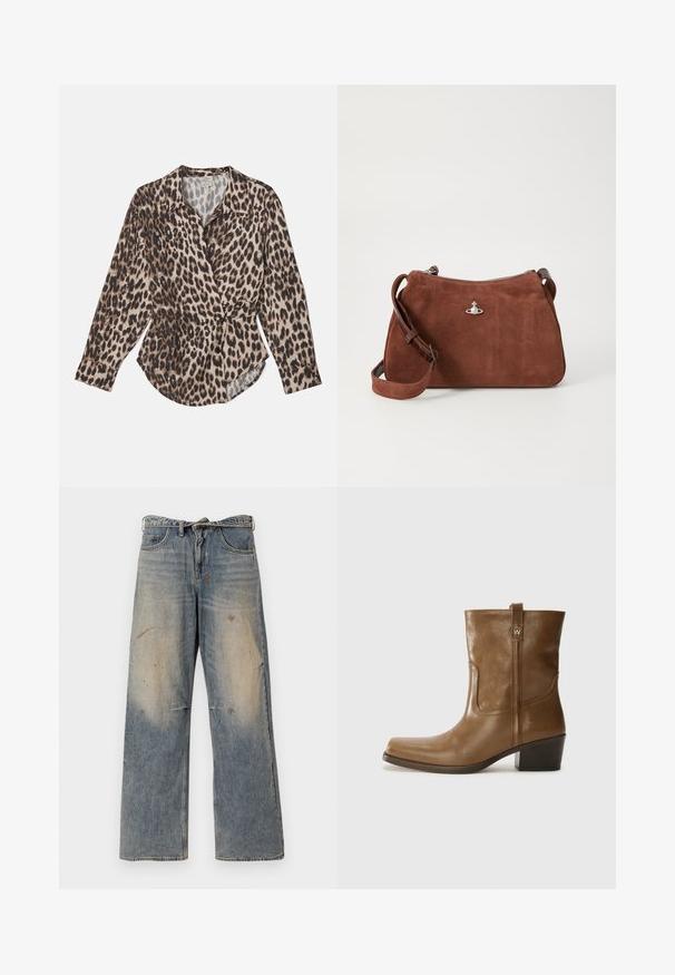 Καφέ ψεύτικο γούνινο μπουφάν με cropped σχέδιο, μακριά μανίκια και στρογγυλή λαιμόκοψη. Διαθέτει μαλακή, υφασμάτινη επιφάνεια και χωρίς κλεισίματα.; Μπεζ ριγωτό πλεκτό πουλόβερ με βαθύ V-λαιμόκοψη, μακρυά μανίκια και υφασμάτινη επένδυση στο στήθος. Κοντό μήκος με χαλαρή εφαρμογή.; Πουκάμισο με λεοπάρ σχέδιο σε μπεζ και καφέ αποχρώσεις, κατασκευασμένο από ελαφρύ ύφασμα. Διαθέτει κολάρο, μπροστινά κουμπιά και μακριά μανίκια.; Ανοιχτό μπλε τζιν παντελόνι με χαλαρή, ίσια γραμμή. Διαθέτει φθορά, αποχρώσεις και φθαρμένα σημεία κοντά στα γόνατα. Κλασικό στυλ πέντε τσεπών.; Καφέ δερμάτινη μπότα έως τον αστράγαλο με τετράγωνο άκρο, υφή, και χαμηλό στακ καστόρι. Διαθέτει πίσω λουρί για εύκολη εφαρμογή και διακριτές λεπτομέρειες ραφής.; Καφέ σουέντ τσάντα χειρός με φερμουάρ, ρυθμιζόμενο λουρί ώμου και ασημένια αξεσουάρ, με χαρακτηριστική λεπτή υφή επιφάνειας.