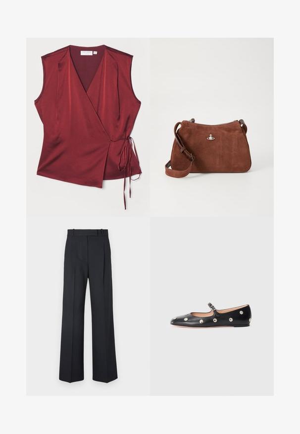 Ruda dirbtinės kailio striukė su trumpu dizainu, ilgomis rankovėmis ir apvalia iškirpte. Pasižymi minkšta, tekstūruota paviršiumi ir be užsegimų.; Bežinė mėlyna mezgimo megztinė su giliu V iškirpimu, ilgomis rankovėmis ir tekstūruotu skyriumi krūtinėje. Trumpas ilgis su laisvu kirpimu.; Tiger of Sweden JODYN - Viršus - henna; Tamsiai mėlynos juostelės kelnės su aukštu liemeniu, plačiomis kojomis ir be matomų detalių ar puošmenų. Sklandus audinys ir pritaikytas siluetas.; Juodų odinių Mary Jane plokščių batų su apvaliu pirštu, papuoštų sidabriniais apvaliais nagais ir reguliuojamu dirželiu su sagtimi.; Rudas zomšos rankinukas su užtrauktuku, reguliuojama petneša ir sidabro spalvos akcentais, pasižymintis subtilia tekstūru.