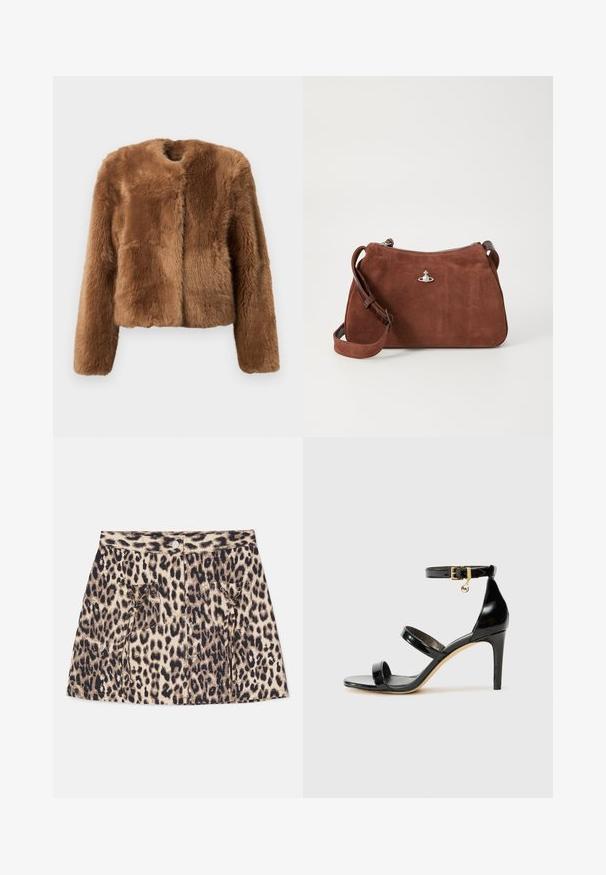Veste en fausse fourrure marron au design court, à manches longues et au col rond. Présente une surface douce et texturée, sans fermetures.; Pull en tricot côtelé beige avec un décolleté en V profond, des manches longues et un panneau texturé au niveau de la poitrine. Longueur cropped avec une coupe décontractée.; Jupe en denim imprimé léopard avec taille haute, fermeture à boutons sur le devant et deux poches latérales avec détails à cordon.; Sandale en cuir verni noir avec trois brides, boucle de cheville et talon aiguille de 10 cm. Présente un détail en métal doré et un charm logo.; Sac à main en daim marron avec fermeture éclair, bandoulière réglable et accents en métal argenté, affichant une surface texturée subtile.