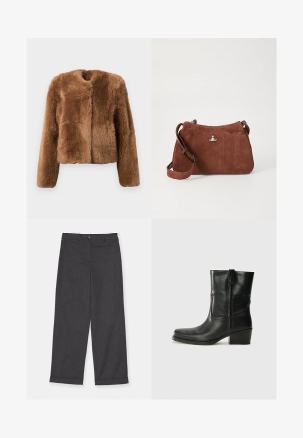 Brown faux fur jacket with a cropped design, long sleeves, and a round neckline. Features a soft, textured surface and no fastenings.; Beige ribbed knit sweater with a deep V-neck, long sleeves, and a textured panel at the chest. Cropped length with a relaxed fit.; Gray, wide-leg trousers made of textured fabric, featuring a button closure and rolled cuffs, displayed against a plain white background.; Black leather ankle boot with a rounded toe, block heel, side zipper, and stitching accents on the vamp. Smooth texture, classic design.; Brown suede handbag with a zip closure, adjustable shoulder strap, and silver hardware accent, featuring a subtle textured surface.