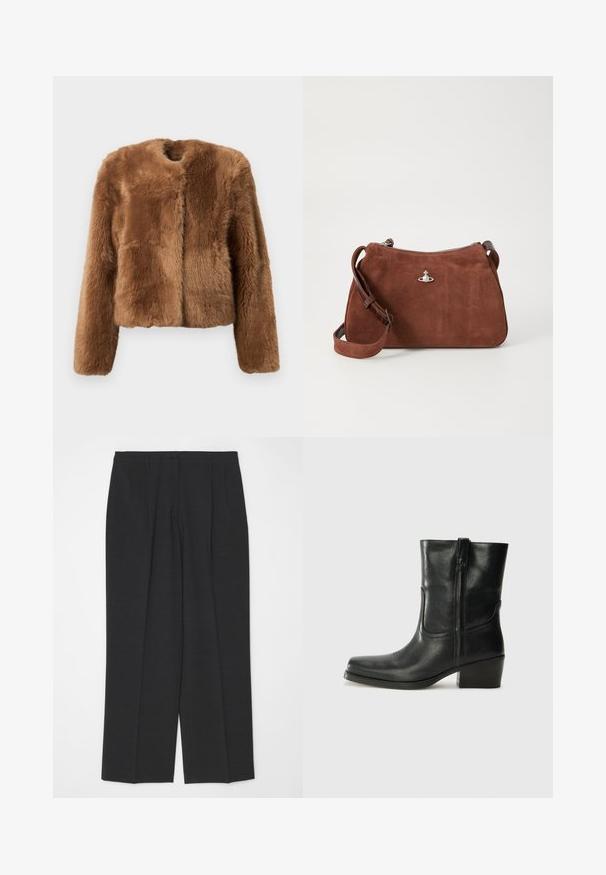 Brown faux fur jacket with a cropped design, long sleeves, and a round neckline. Features a soft, textured surface and no fastenings.; Beige ribbed knit sweater with a deep V-neck, long sleeves, and a textured panel at the chest. Cropped length with a relaxed fit.; Dark gray tailored trousers with a straight-leg cut, featuring a single button closure and two front pleats, smooth texture, and no embellishments.; Black leather ankle boot with a rounded toe, block heel, side zipper, and stitching accents on the vamp. Smooth texture, classic design.; Brown suede handbag with a zip closure, adjustable shoulder strap, and silver hardware accent, featuring a subtle textured surface.