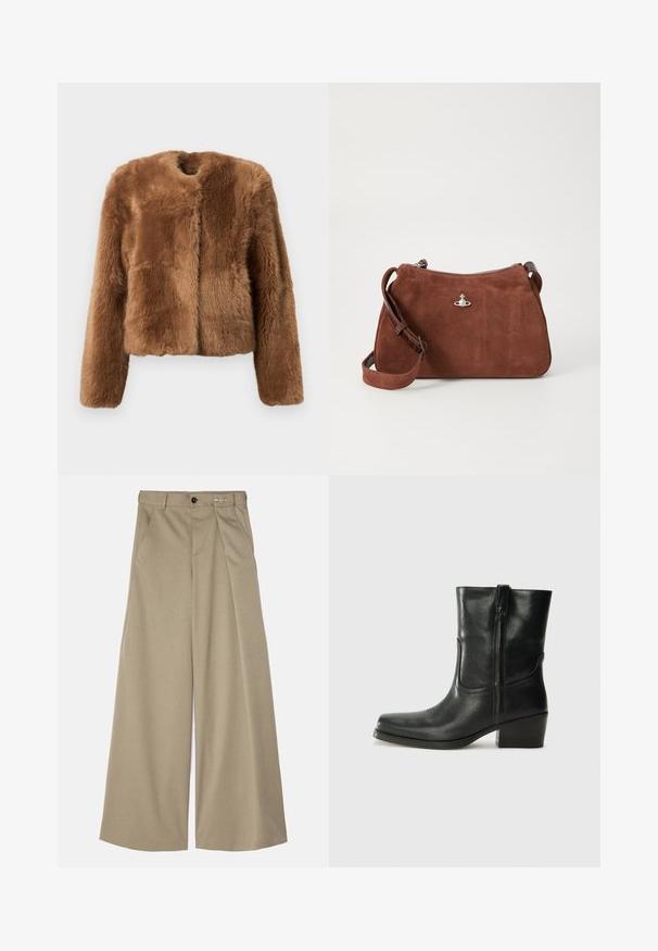 Hnědá umělá kožešinová bunda s krátkým střihem, dlouhými rukávy a kulatým výstřihem. Má měkký, texturovaný povrch a žádné zapínání.; Béžový vroubkovaný pletený svetr s hlubokým V-výstřihem, dlouhými rukávy a texturovaným panelem na hrudi. Zkrácená délka s uvolněným střihem.; MM6 Maison Margiela PANTS - Kalhoty - bus green; Černá kožená kotníková bota s kulatou špičkou, blokovým podpatkem, bočním zipem a prošíváním na svršku. Hladký povrch, klasický design.; Hnědá semišová kabelka se zipovým uzávěrem, nastavitelným ramenním popruhem a stříbrnými doplňky, s jemně texturovaným povrchem.