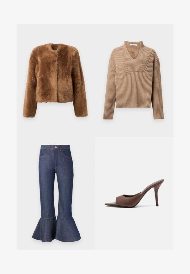 Brun fuskpälsjacka med en kortad design, långa ärmar och rund halsringning. Har en mjuk, texturerad yta och inga knäppningar.; Beige ribbad stickad tröja med djup V-ringning, långa ärmar och en texturerad panel vid bröstet. Croppad längd med avslappnad passform.; Mörkblå denimbyxor med utsvängd ben, volangkant, fem fickor och kontrasterande orange sömmar. Mellanhög midja med knappstängning fram.; Bruna lädersandaler med öppen tå och hög klack, med en stilren design som har ett brett framrem och en smal stilettklack.
