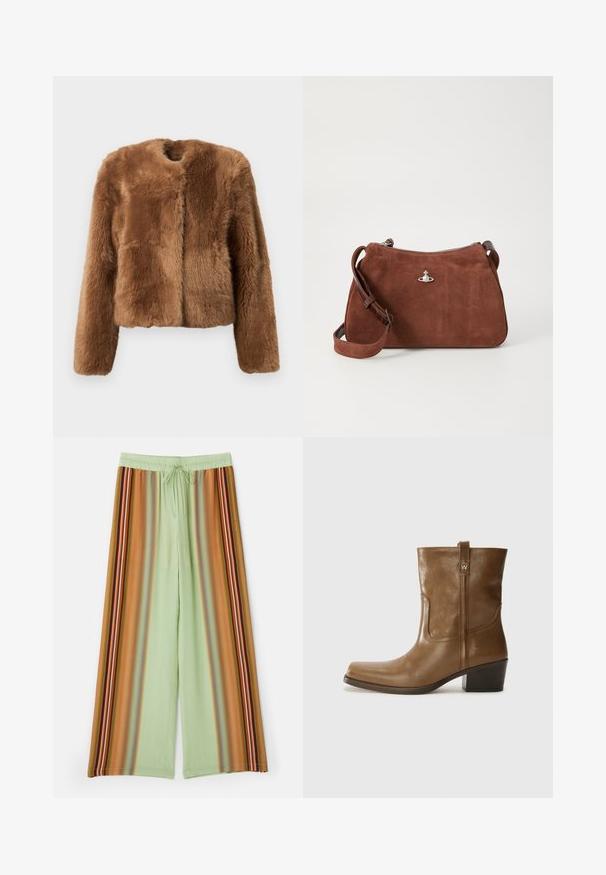 Brun faux fur jakke med et cropped design, lange ærmer og rund halsudskæring. Har en blød, tekstureret overflade og ingen lukninger.; Beige ribstrikket sweater med dyb V-udskæring, lange ærmer og en struktureret panel ved brystet. Korte længde med en afslappet pasform.; Vidde bukser i lysegrøn stof med lodrette striber i brun, orange og multicolor accenter. Elastisk talje med snor.; Brun læder ankelstøvle med firkantet tå, tekstureret overflade og en lav stablet hæl. Har en bageste hælflap og subtile syningsdetaljer.; Brun ruskinds taske med lynlås, justerbar skulderrem og sølvfarvede detaljer, der har en subtil tekstureret overflade.
