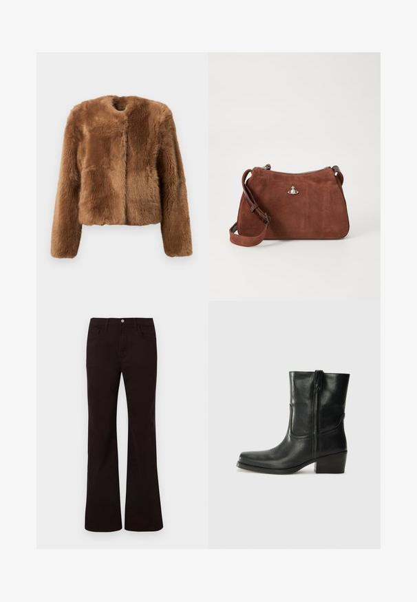 Jachetă din blană faux maro, cu un design scurt, mâneci lungi și guler rotund. Are o suprafață moale și texturată și nu are închideri.; Pulover tricotat bej cu dungi, cu decolteu adânc în V, mâneci lungi și un panou texturat la piept. Lungime scurtă cu o croială lejeră.; Blugi negri evazați cu talie înaltă, cu nasture frontal, fermoar, bucle pentru curea și buzunare frontale și în spate, pe un fundal alb.; Botine din piele neagră, cu vârf rotund, toc pătrat, fermoar pe lateral și accente de cusături pe partea superioară. Textură netedă, design clasic.; Geantă din suede maro, cu închidere prin fermoar, curea de umăr reglabilă și detalii metalice argintii, având o suprafață texturată subtilă.