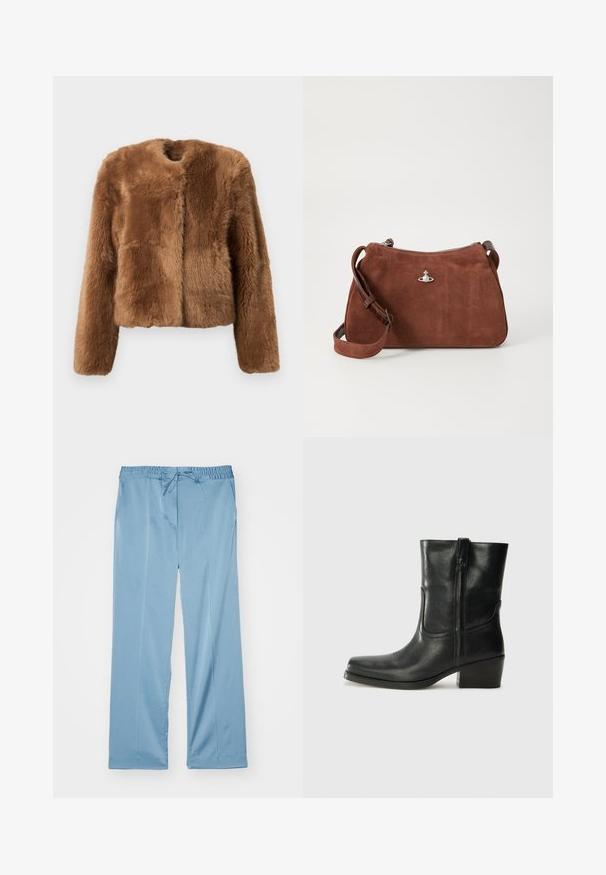 Hnědá umělá kožešinová bunda s krátkým střihem, dlouhými rukávy a kulatým výstřihem. Má měkký, texturovaný povrch a žádné zapínání.; Béžový vroubkovaný pletený svetr s hlubokým V-výstřihem, dlouhými rukávy a texturovaným panelem na hrudi. Zkrácená délka s uvolněným střihem.; Světle modré široké kalhoty vyrobené z měkké látky. Mají elastický pas s nastavitelnou šňůrkou a postranní kapsy.; Černá kožená kotníková bota s kulatou špičkou, blokovým podpatkem, bočním zipem a prošíváním na svršku. Hladký povrch, klasický design.; Hnědá semišová kabelka se zipovým uzávěrem, nastavitelným ramenním popruhem a stříbrnými doplňky, s jemně texturovaným povrchem.