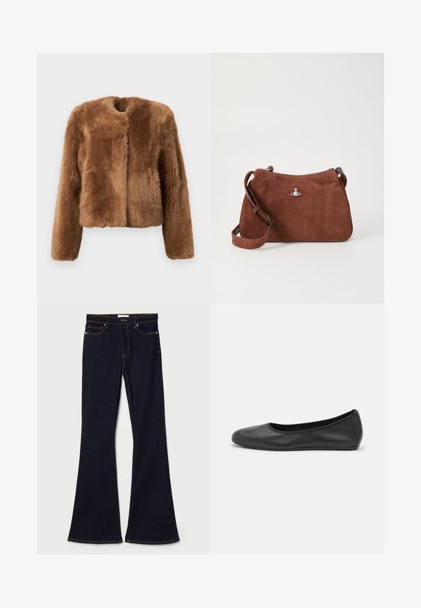 Rjava umetna krznena jakna s skrajšanim dizajnom, dolgimi rokavi in okroglim ovratnikom. Ima mehko, strukturirano površino brez zaklepanja.; Bež pulover iz rebraste pletenine z globokim V-izrezom, dolgimi rokavi in teksturiranim panelom na prsih. Skrajšana dolžina z sproščenim krojem.; Temno modri razširjeni jeansi iz denima, z rumenimi šivi, sprednjimi žepi in standardnim pasom z gumbom.; Črne usnjene balerinke z zaobljenim nosom, gladko teksturo, minimalnimi šivi in fleksibilno zasnovo podplata.; Rjava semiš torba z zadrgo, nastavljivim naramnicam in srebrnimi dodatki, ki ima subtilno teksturirano površino.