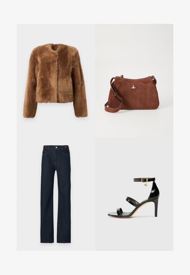 Brun fuskpälsjacka med en kortad design, långa ärmar och rund halsringning. Har en mjuk, texturerad yta och inga knäppningar.; Beige ribbad stickad tröja med djup V-ringning, långa ärmar och en texturerad panel vid bröstet. Croppad längd med avslappnad passform.; Mörkblå denimbyxor med rak passform, med knappstängning, bältesöglor och kontrasterande sömmar. Klassisk design med fem fickor.; Svart lackskinnsandaler med tre remmar, ankelspänne och 10 cm stilettklack. Har detaljer i guldmetall och logokaraktär.; Brun mockaklädhandväska med dragkedjestängning, justerbar axelrem och silverfärgade detaljer, med en subtil texturerad yta.