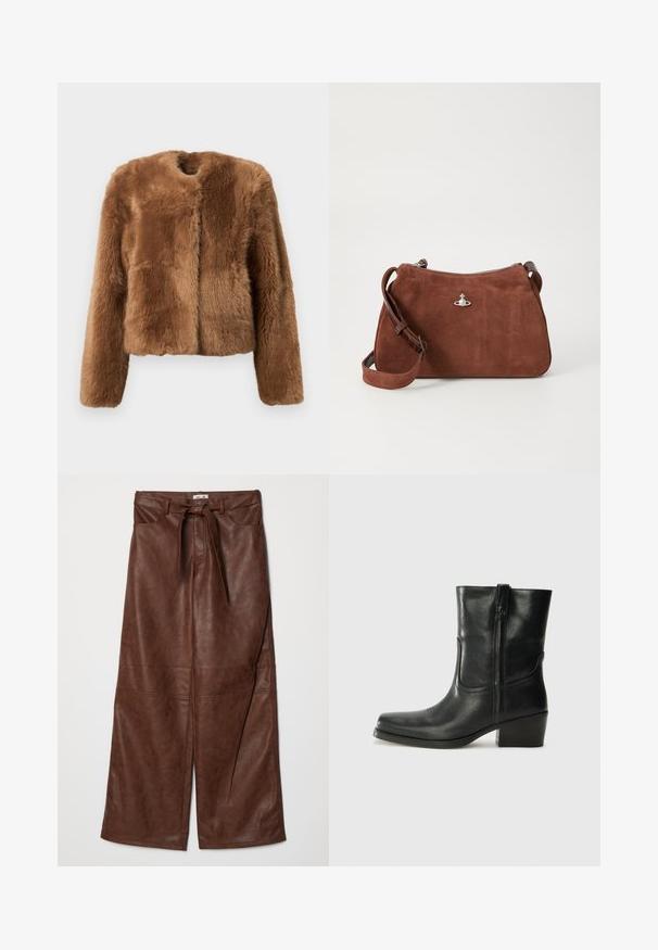 Kohvane valepuhurjakk, millel on lühike disain, pikad varrukad ja ümmargune kaelus. Omab pehmet, tekstuurset pinda ja ei sisalda kinniseid.; Beež ribi kudumil oleval sügava V-kaelusega, pikad varrukad ja tekstuurne paneel rinna piirkonnas. Lühendatud pikkus ja mugav lõige.; Baum und Pferdgarten NADENE - Püksid - washed java; Musta nahast pahkluu saabas ümarate varvastega, plokknäppu, külgsepa ja pealsetel õmblusest aktsentidega. Sile tekstuur, klassikaline disain.; Pruun seemisnahast käekott, millel on tõmblukk, reguleeritav õlarihm ja hõbedased metalldetailid, millel on peene tekstuuriga pind.