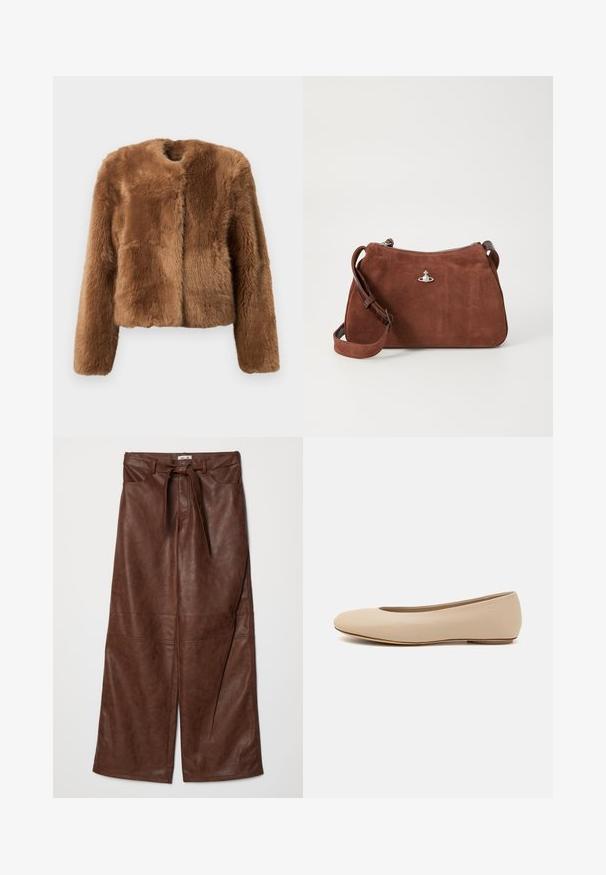 Bruine nepbontjas met een cropped ontwerp, lange mouwen en een ronde halslijn. Heeft een zachte, gestructureerde oppervlakte en geen sluitingen.; Beige geribbelde gebreide trui met een diepe V-hals, lange mouwen en een gestructureerd paneel op de borst. Korte lengte met een relaxte pasvorm.; Baum und Pferdgarten NADENE - Broek - washed java; Beige leren ballerina met een ronde neus, minimale naaidetailing, lage hak en subtiel logo op de achterkant. Gladde, matte textuur.; Bruine suède handtas met een ritssluiting, verstelbare schouderriem en zilverkleurige hardwareaccenten, met een subtiele textuur.