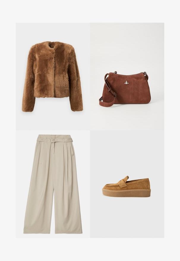 Hnědá umělá kožešinová bunda s krátkým střihem, dlouhými rukávy a kulatým výstřihem. Má měkký, texturovaný povrch a žádné zapínání.; Béžový vroubkovaný pletený svetr s hlubokým V-výstřihem, dlouhými rukávy a texturovaným panelem na hrudi. Zkrácená délka s uvolněným střihem.; Kalhoty s širokými nohavicemi vyrobené z lehké béžové tkaniny. Mají vysoký pas, přední záhyby a odpovídající pásek s detailem kovové spony.; Hnědé semišové mokasíny s kulatou špičkou, se žebrovanou platformou a dekoračním páskem přes vrch.; Hnědá semišová kabelka se zipovým uzávěrem, nastavitelným ramenním popruhem a stříbrnými doplňky, s jemně texturovaným povrchem.