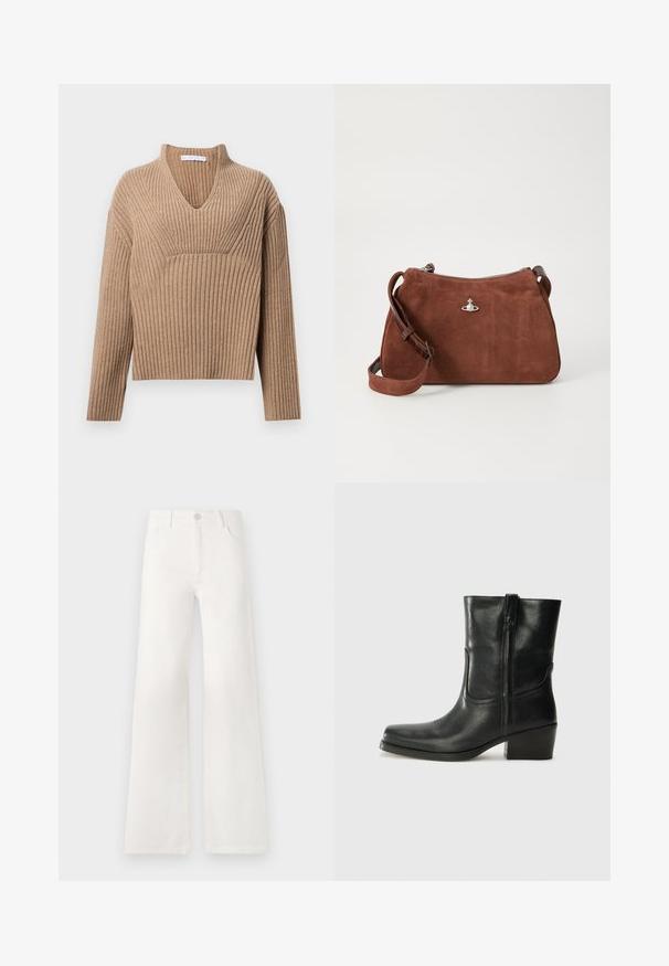 Giacca in finta pelliccia marrone con design corto, maniche lunghe e scollatura tonda. Presenta una superficie morbida e strutturata e senza chiusure.; Maglione a coste beige con scollo a V profondo, maniche lunghe e un pannello testurizzato sul petto. Lunghezza cropped e vestibilità rilassata.; Jeans bianchi a vita alta e gamba larga realizzati in denim. Presentano una chiusura con bottone, due tasche anteriori e cuciture decorative nei lati.; Stivale ankle in pelle nera con punta arrotondata, tacco a blocco, cerniera laterale e dettagli in cucitura sulla tomaia. Texture liscia, design classico.; Borsa a spalla in suede marrone con chiusura a zip, tracolla regolabile e dettagli in metallo argentato, caratterizzata da una superficie leggermente testurizzata.