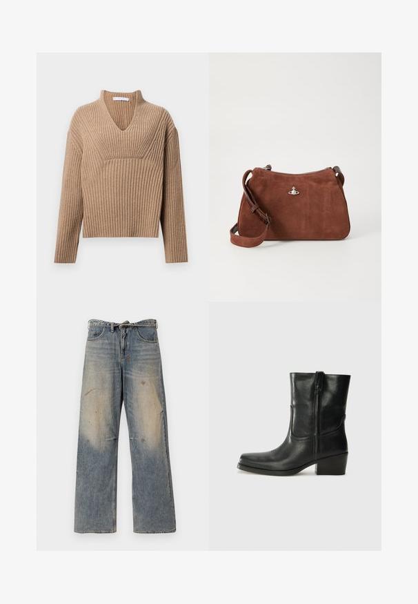 Bruine nepbontjas met een cropped ontwerp, lange mouwen en een ronde halslijn. Heeft een zachte, gestructureerde oppervlakte en geen sluitingen.; Beige geribbelde gebreide trui met een diepe V-hals, lange mouwen en een gestructureerd paneel op de borst. Korte lengte met een relaxte pasvorm.; Lichtblauwe denim jeans met een losse, recht gesneden pasvorm. Voorzien van slijtageplekken, vervaging en distressed details bij de knieën. Klassiek five-pocket ontwerp.; Zwarte leren enkellaars met een ronde neus, blokhak, zijrits en stikselaccenten op de wreef. Gladde textuur, klassiek ontwerp.; Bruine suède handtas met een ritssluiting, verstelbare schouderriem en zilverkleurige hardwareaccenten, met een subtiele textuur.