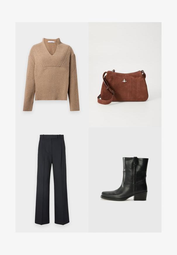 Chaqueta de piel sintética marrón con un diseño corto, mangas largas y un cuello redondo. Presenta una superficie suave y texturizada y no tiene cierres.; Suéter de punto acanalado beige con un escote en V profundo, mangas largas y un panel texturizado en el pecho. Largo corto y ajuste relajado.; Pantalones oscuros de rayas con un diseño de cintura alta y pierna ancha, sin hardware o adornos visibles. Textura suave y ajuste entallado.; Botín negro de cuero hasta el tobillo con punta redondeada, tacón cuadrado, cremallera lateral y detalles de costura en el empeine. Textura suave, diseño clásico.; Bolso de ante marrón con cierre de cremallera, correa de hombro ajustable y acentos de hardware en plata, con una superficie texturizada sutil.