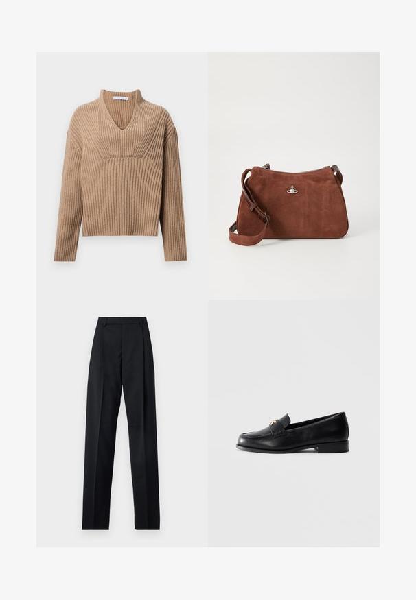 Brązowa kurtka z sztucznego futra o skróconym kroju, z długimi rękawami i okrągłym dekoltem. Posiada miękką, teksturowaną powierzchnię i brak zapięcia.; Beżowy sweter z prążkowanej dzianiny z głębokim dekoltem w serek, długimi rękawami i teksturowanym panelem na klatce piersiowej. Krótka długość i luźny krój.; Czarne spodnie wykonane z gładkiego materiału, z wysokim stanem, szerokimi nogawkami, fałdami z przodu i klasycznymi szlufkami na pasek. Brak widocznych kieszeni bocznych.; Czarna skórzana mokasyna z niskim obcasem i złotą ozdobną emblematą na pasku, wyeksponowana na jednolitym jasnoszarym tle.; Brązowa torebka z zamszu z zamknięciem na zamek, regulowanym paskiem na ramię i srebrnymi akcentami, o subtelnej teksturze.
