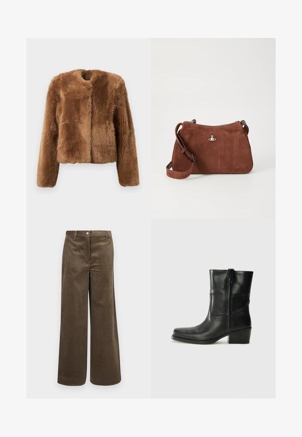 Barna műszőrme dzseki rövidített fazonnal, hosszú ujjakkal és kerek nyakkivágással. Puha, textúrált felülettel rendelkezik, és nincs rajta zárás.; Fekete, hosszú ujjú, garbós felső sima anyagból, fodros gallérral és illeszkedő sziluettel, egyszerű élekkel.; Barna kordbársony, széles lábú nadrág, függőleges bordázással, elülső gombos záródással és hagyományos derékkal. Sima tapintású, laza stílus.; Fekete bőr bokacsizma lekerekített orral, blokk sarkúval, oldalsó cipzárral és varrásos díszítéssel az elején. Simább textúra, klasszikus dizájn.; Barna velúr kézi táska cipzáras záródással, állítható vállpánttal és ezüstösen csillogó kiegészítőkkel, diszkrét texturált felülettel.