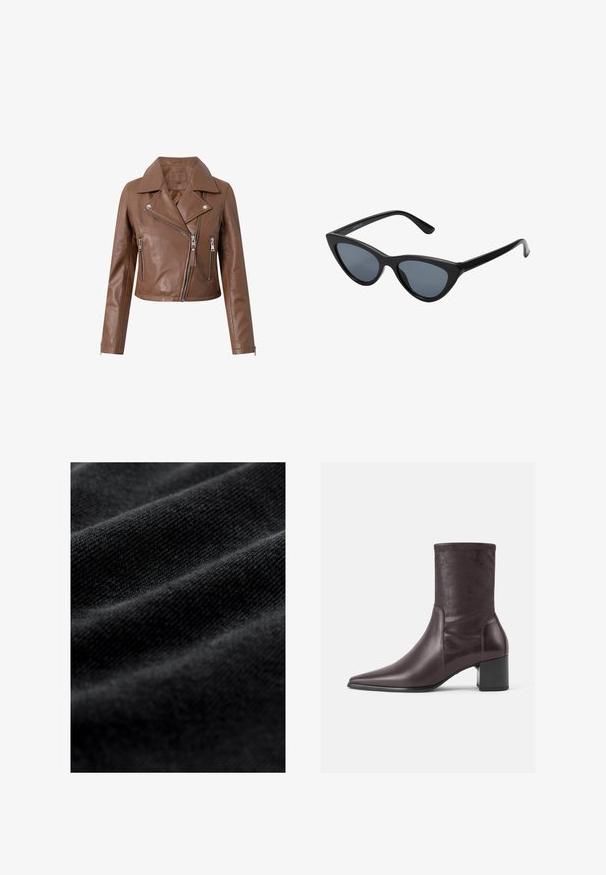 Brun læder bikerjakke med en cropped design, brede kraver, asymmetrisk lynlås lukning og to lynlåslommer. Blød tekstur.; Sort ribbet rullekravesweater med lange ærmer og en tætsiddende silhuet. Teksturen er glat med et vandret ribmønster.; Sort stof med en glat, blød tekstur, der har subtile vandrette folder og et ensartet vævemønster. Ingen synlige mønstre eller accenter.; Bordeaux ankelstøvler lavet af glat læder med en spidse tå og en blokheel. Skaftet er slankt og tætsiddende, der strækker sig til midt på læggen.; Sorte katteøje solbriller med mørkegrå linser, slankt plastisk stel, spidse hjørner og lige stænger. Ingen synlig hardware eller dekorationer.