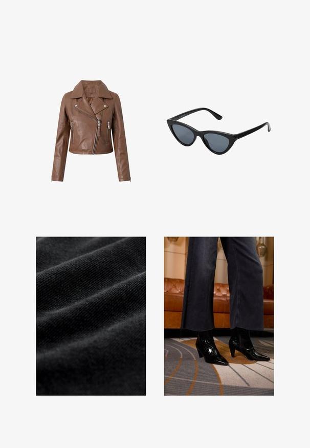 Bruine leren motorjack, met een cropped ontwerp, brede revers, asymmetrische rits sluiting en twee ritszakken. Zachte textuur.; Zwarte geribde coltrui met lange mouwen en een aansluitende pasvorm. De textuur is glad met een horizontaal ribpatroon.; Zwarte stof met een gladde, zachte textuur, met subtiele horizontale plooien en een uniform weefpatroon. Geen zichtbare patronen of accenten.; Zwarte enkelboots met spitse neus en textuurafwerking, gedragen onder zwarte wijde broek met rafelige zoom op een patroontapijt.; Zwarte cat-eye zonnebril met donkergrijze lenzen, slank plastic frame, puntige hoeken en rechte pootjes. Geen zichtbare hardware of accenten.