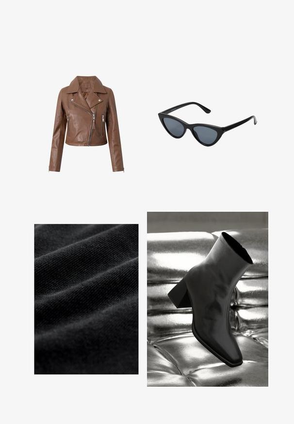 Brun læder bikerjakke med en cropped design, brede kraver, asymmetrisk lynlås lukning og to lynlåslommer. Blød tekstur.; Sort ribbet rullekravesweater med lange ærmer og en tætsiddende silhuet. Teksturen er glat med et vandret ribmønster.; Sort stof med en glat, blød tekstur, der har subtile vandrette folder og et ensartet vævemønster. Ingen synlige mønstre eller accenter.; Sorte ankelstøvler lavet af glossy materiale med firkantet tå og spidse hæle, sat mod en skinnende sølv tuftet baggrund.; Sorte katteøje solbriller med mørkegrå linser, slankt plastisk stel, spidse hjørner og lige stænger. Ingen synlig hardware eller dekorationer.