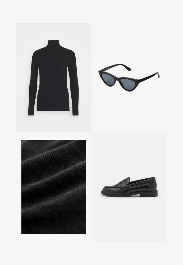 Ruskea nahkainen moottoripyörätakki, jossa on lyhyt malli, leveät kaulukset, epäsymmetrinen vetoketjukiinnitys ja kaksi vetoketjullista taskua. Pehmeä kangas.; Musta ribbattu poolopaita, jossa on pitkät hihat ja tiukka siluetti. Tekstuuri on sileä vaakasuorilla ribbidoilla.; Musta kangas, jonka pinta on sileä ja pehmeä, jossa on hienovaraiset vaakasuorat taitteet ja tasainen kudontakuvio. Ei näkyviä kuvioita tai yksityiskohtia.; Mustat nahka loaferit, joissa on sileä pinta, pyöreä kynsi, ommellut yksityiskohdat päällisessä ja matala, tasainen kumipohja.; Mustat kissaeye-aurinkolasit tumman harmailla linsseillä, tyylikäs muovikehys, terävät kulmat ja suorat templet. Ei näkyvää metalliosia tai koristuksia.