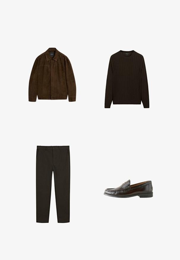 Brun mockajacka med krage, långa ärmar och framknäppning. Har en slät struktur och enkel design utan synliga mönster.; Brun ribbad tröja med långa ärmar och rund hals. Har ett texturerat tyg och en tajt passform vid midjan och ärmsluten.; Mörkbruna, vävda byxor med rak passform, framfickor och knappstängning i midjan. Slät textur.; Bruna läderloafers med en slät finish, sömnadsdetaljer, en låg klack och en rund tå. Sula i svart gummi för bra grepp.