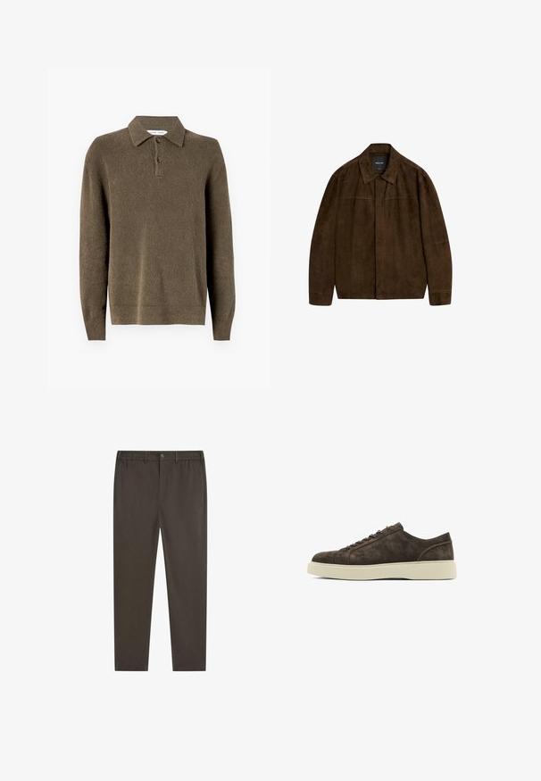 Bruine suède jas met een kraag, lange mouwen en een sluiting aan de voorkant. Heeft een soepele textuur en een eenvoudig ontwerp zonder zichtbare patronen.; Bruine gebreide pullover met een kraaghalslijn, drie knoopsluitingen, lange mouwen en een gestructureerde stof. Normale pasvorm en effen kleur.; Donkerbruine broek met recht model, elastische tailleband, knoopsluiting aan de voorkant en steekzakken aan de zijkant. Soepele stoftextuur.; Bruine fluwelen sneakers met een gladde textuur, ronde neus, platte rubberen zool en een eenvoudig vetersluiting ontwerp. Subtiele stiksels aan de zijkanten.