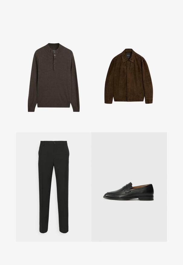 Braune Wildlederjacke mit Kragen, langen Ärmeln und einem Frontverschluss. Verfügt über eine glatte Textur und ein einfaches Design ohne sichtbare Muster.; Brauner Langarm-Pullover mit hohem Kragen und einer Knopfleiste mit drei Knöpfen. Aus weichem Stoff gefertigt, zeichnet er sich durch eine glatte Textur und gerippte Bündchen aus.; Schwarze, maßgeschneiderte Hose mit geradem Schnitt, ausgestattet mit einem einzelnen Knopfverschluss und Gürtelschlaufen. Glattes, mattes Material ohne Muster.; Schwarze Leder-Slipper mit runder Zehenform, dezenten gestickten Details und niedrigem Absatz, ausgestattet mit glatter Textur und minimalistischem Design.