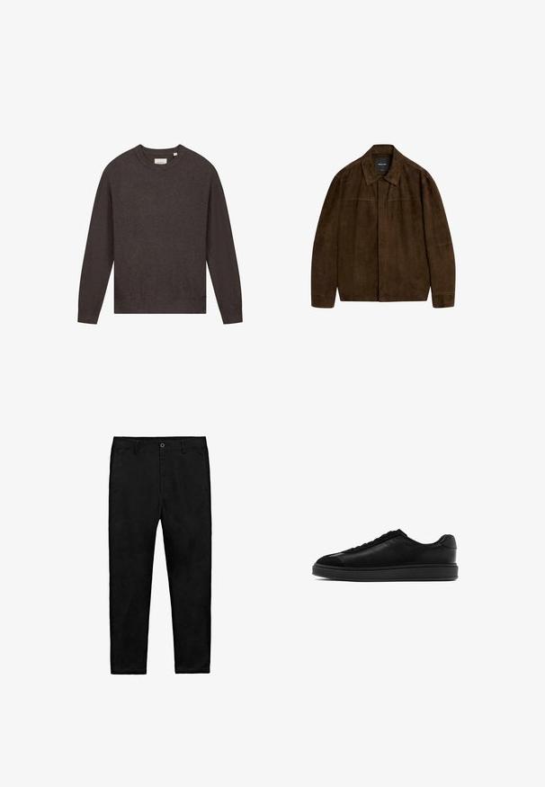 Brązowa zamszowa kurtka z kołnierzem, długimi rękawami i zapięciem z przodu. Posiada gładką fakturę i prosty design bez widocznych wzorów.; Nie udało się wygenerować opisu alternatywnego.; Czarne spodnie proste z guzikowym zapięciem, szlufkami na pasek i bocznymi kieszeniami, ułożone na płasko na białym tle.; Czarne skórzane trampki o gładkim wykończeniu, okrągłym nosku, z sznurowanym przodem i kontrastującym teksturowanym językiem. Gruba czarna gumowa podeszwa.